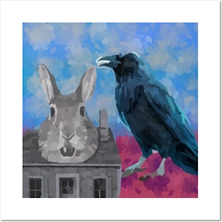 watercolor crow rabbit house Posters and Art